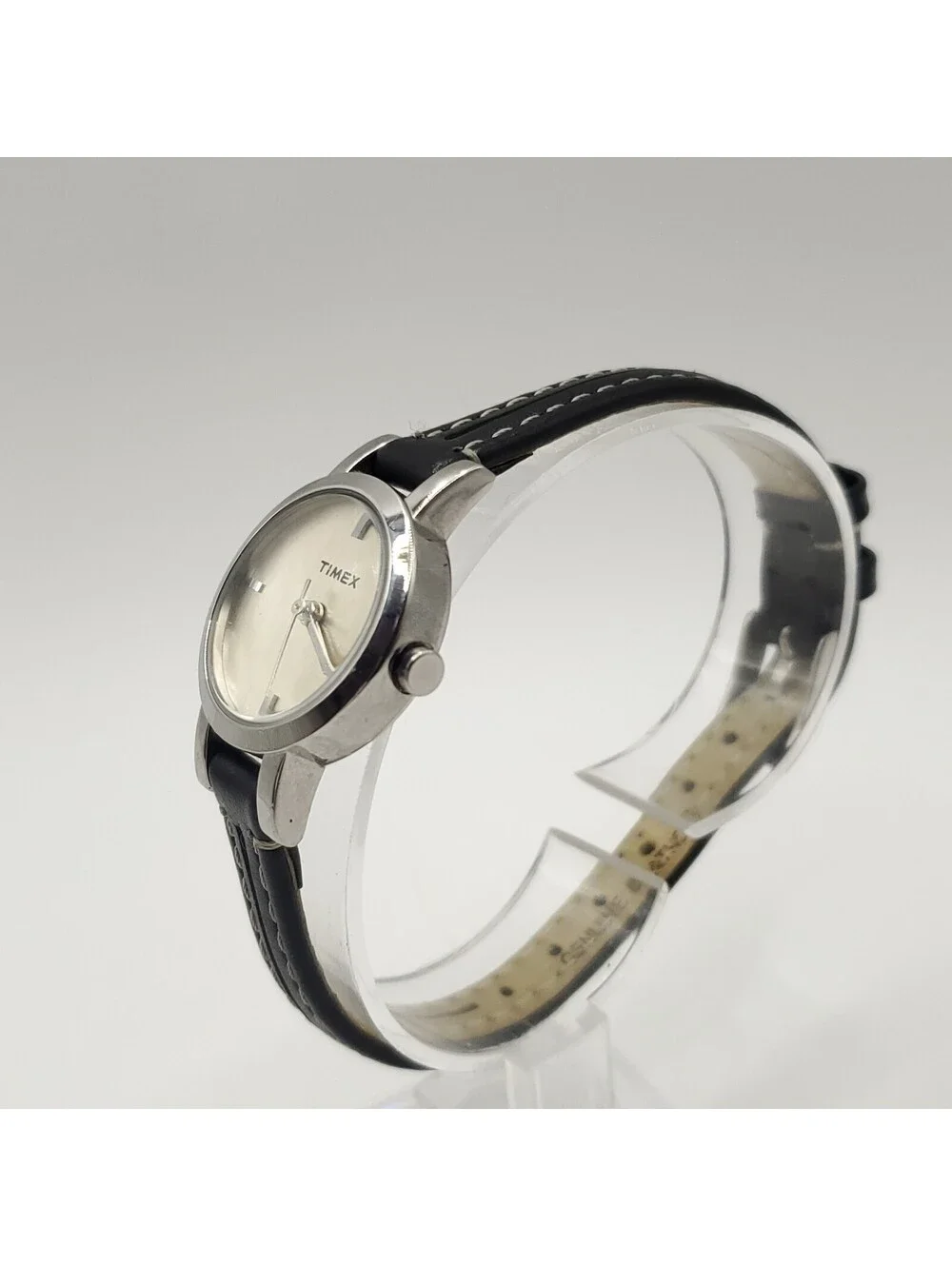 Timex Quartz Silver Tone Womens Watch 23mm Black Leather Band New Battery